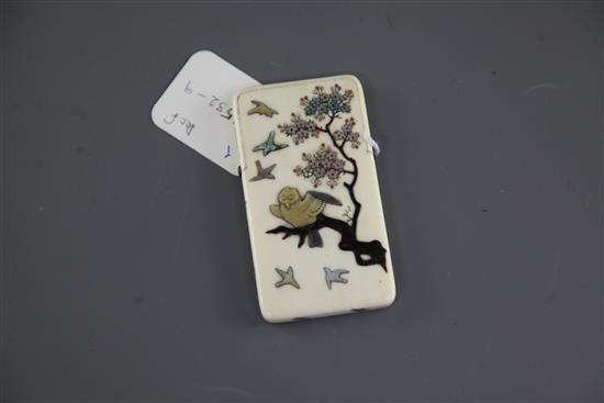 A Japanese shibayama style ivory card case, Meiji period, 9.5cm